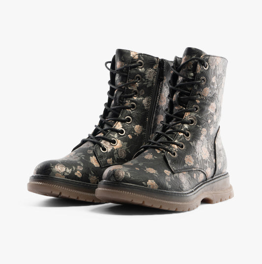 Cipriata ANNETTA Womens Lace-Up Floral Boots Black/Bronze/Floral