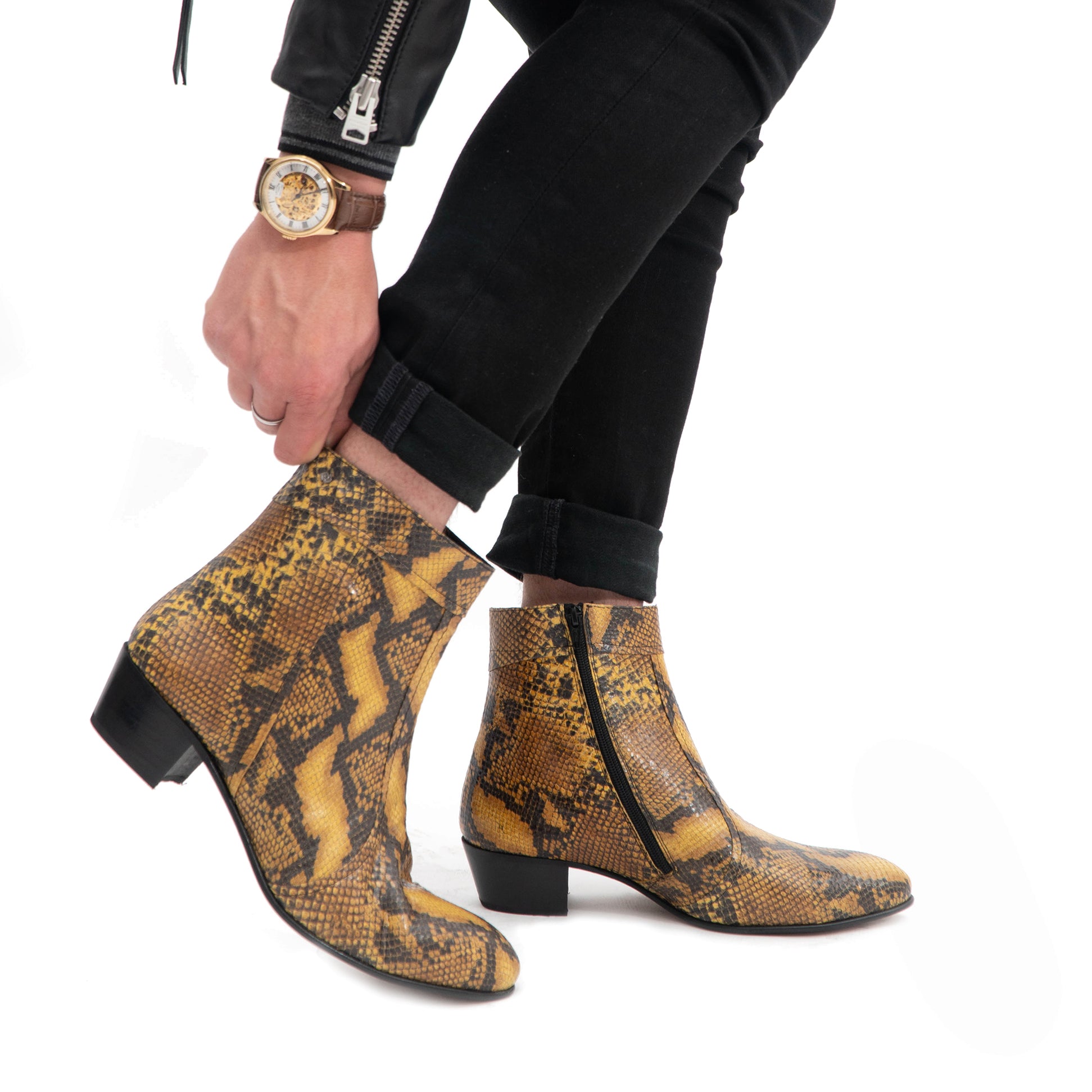 Club Cubano EMMANUEL Mens Snakeprint Leather Cuban Heel Boots Amarillo