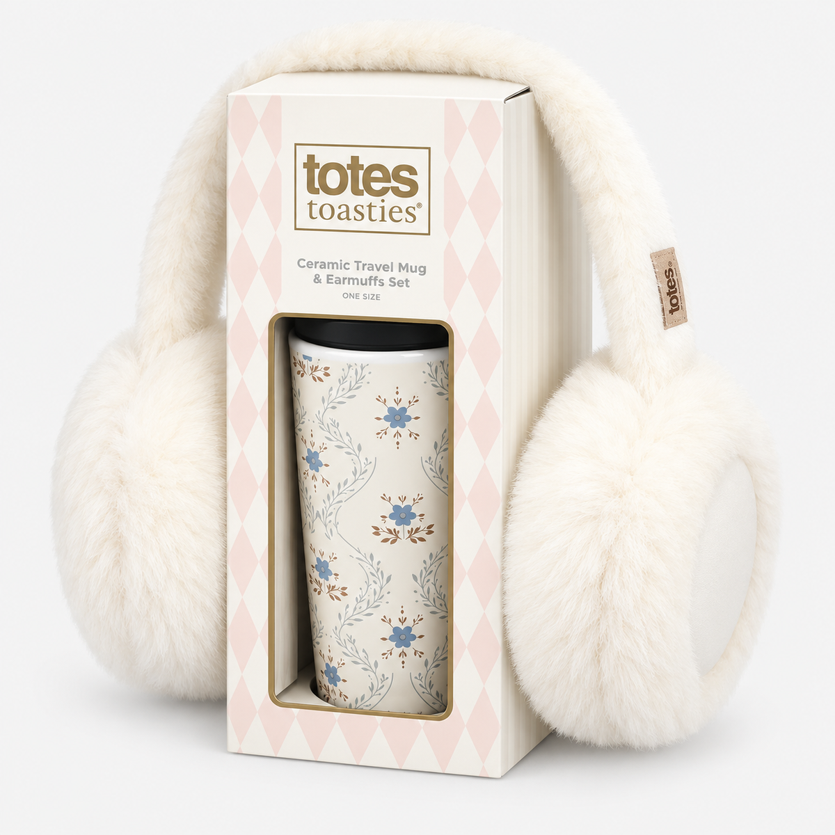 Totes Toasties CERAMIC TRAVEL MUG & EARMUFF SET Womens Earmuffs Blue Floral / Cream