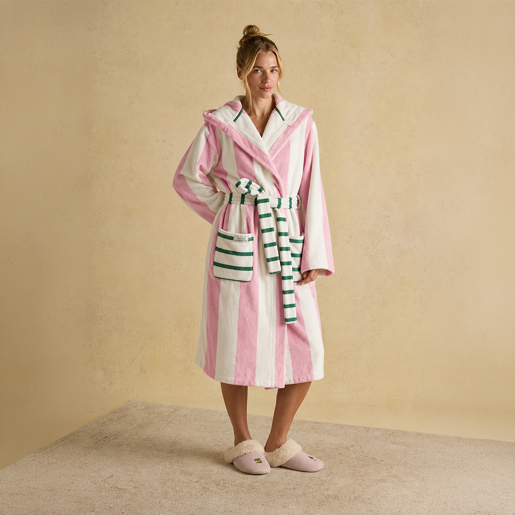 Joules G49621 LUNA Ladies Robe Pink/Cream Stripe Womens Bathrobe Pink/Cream Stripe