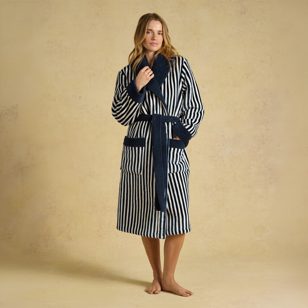 Joules V63813 MATILDA Ladies Robe Navy/Cream Stripe Womens Bathrobe Navy/Cream Stripe