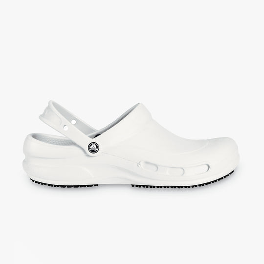 Side view of Crocs At Work BISTRO Unisex Slip-Resistant Work Clogs White, featuring a relaxed fit and slip-on design.