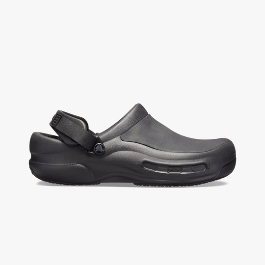 Crocs At Work BISTRO PRO LITERIDE Unisex Slip-Resistant Work Clogs Black side view with adjustable strap and lightweight design.