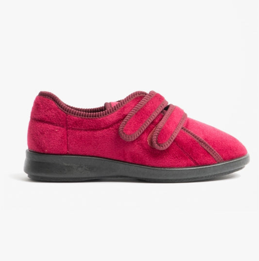 DB Shoes EUNICE Womens Extra Wide (2E/4E) Touch Fasten Full Slippers Burgundy