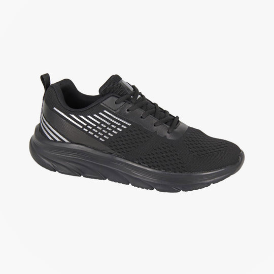 DEK KESTREL Mens Trainers Black side view, lightweight synthetic upper, lace-up closure, round toe design.