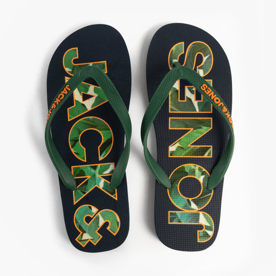 Jack & Jones LOGO PALM PRINT Mens Flip-Flops Navy Blazer top view showing logo design and green straps
