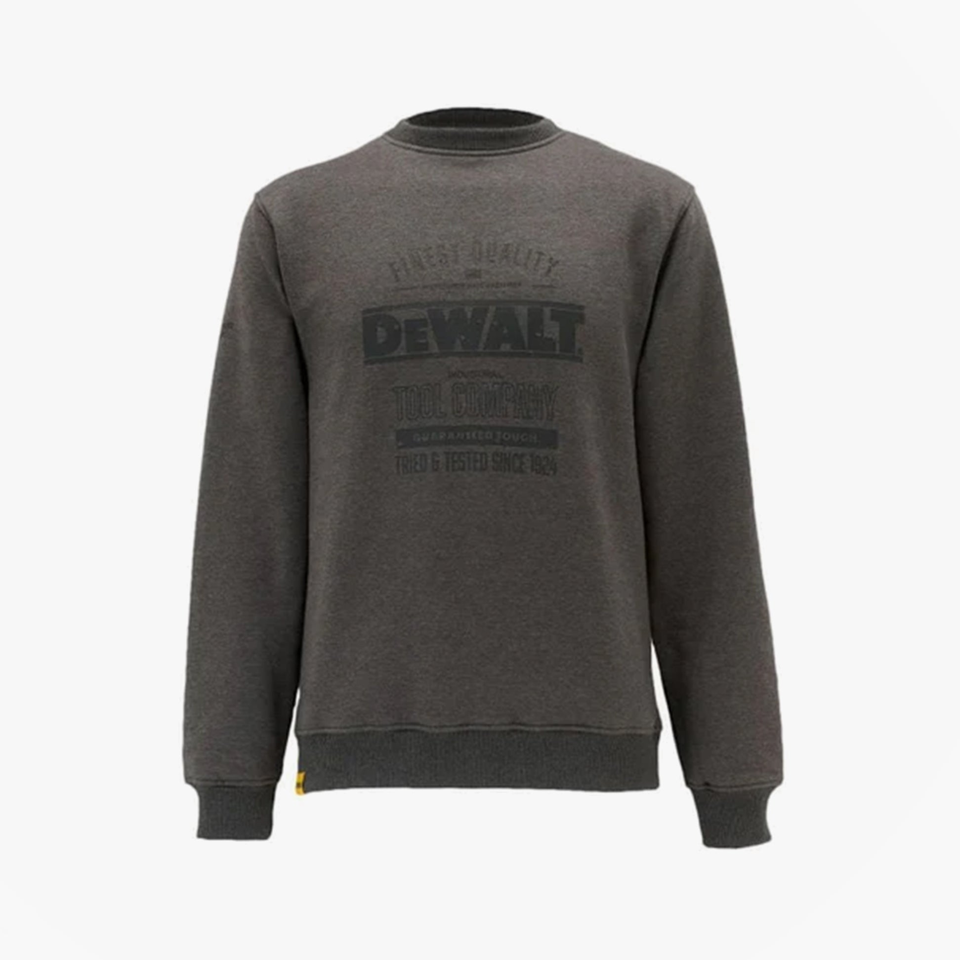Dewalt DELAWARE Mens Sweatshirt Charcoal Grey front view with DeWalt branding on chest and ribbed hem.