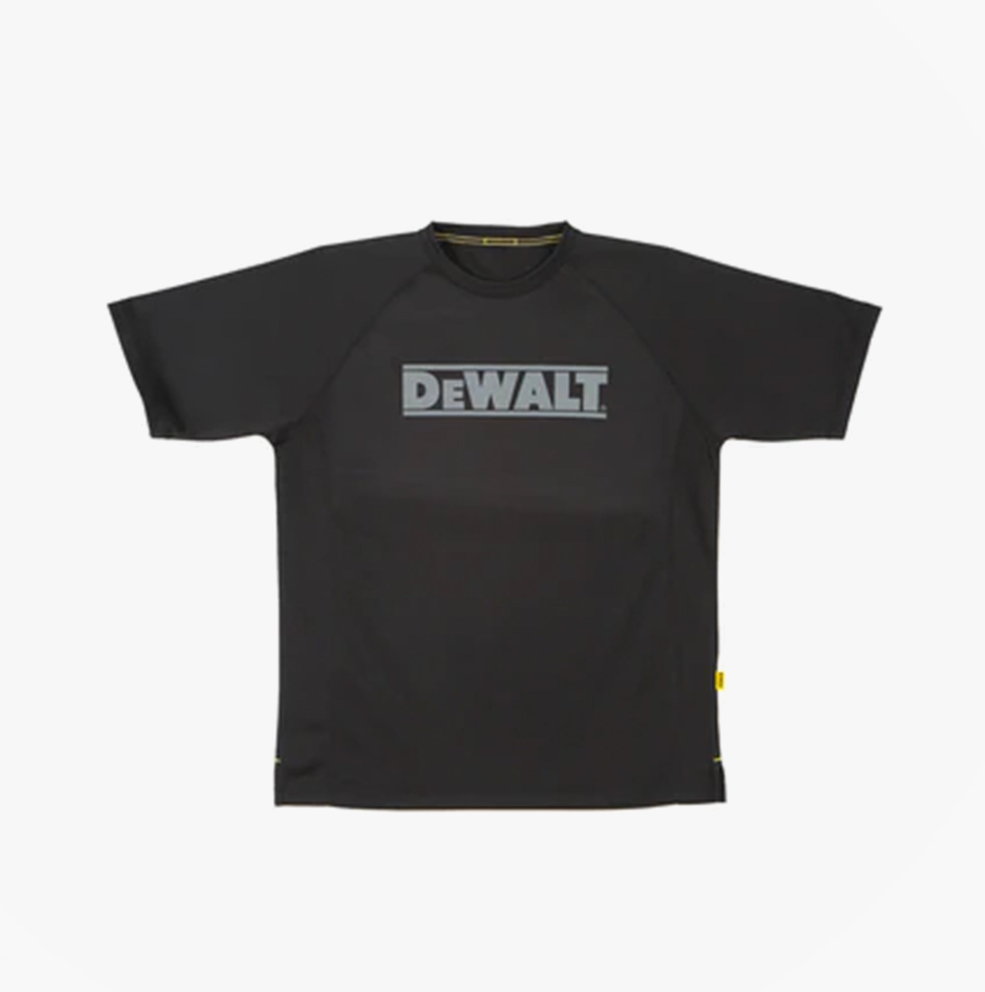 Dewalt EASTON Mens T Shirt Black front view featuring reflective DeWalt detail and moisture-wicking properties.