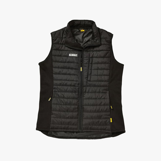 Dewalt FORCE Mens Gilet Black front view, lightweight nylon rip-stop fabric, zip fastening, reflective branding, slim fit.