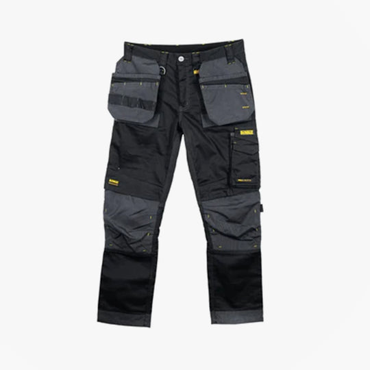 Dewalt HARRISON Mens Trousers Black Grey front view showcasing multiple pockets and reinforced knee pad areas.