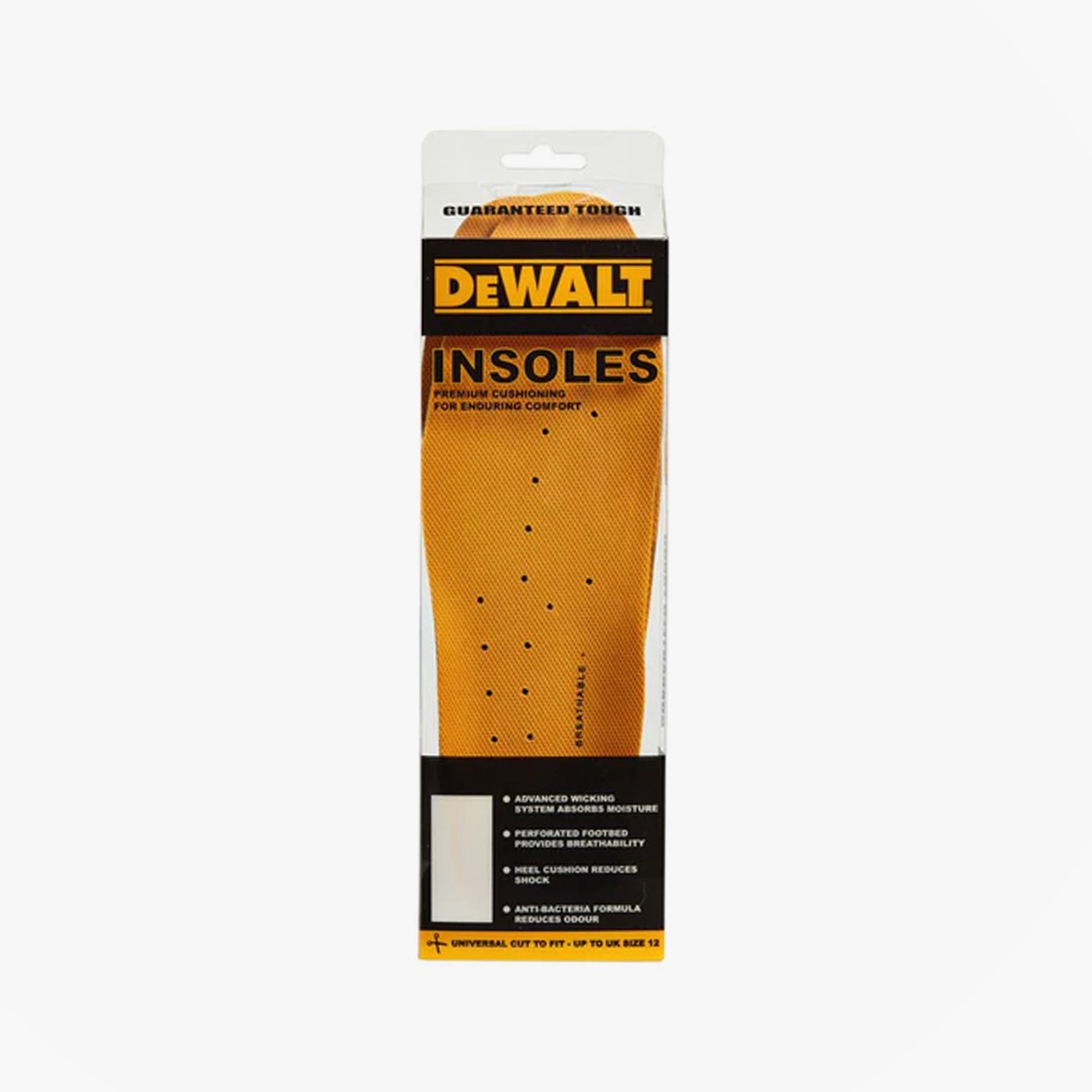 Dewalt Insoles Yellow front view in packaging with moisture wicking material and perforated footbed for breathability.