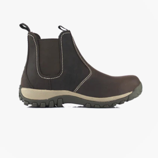 Dewalt RADIAL Mens Boots Brown side view showing leather upper, rubber sole, and ankle height design.