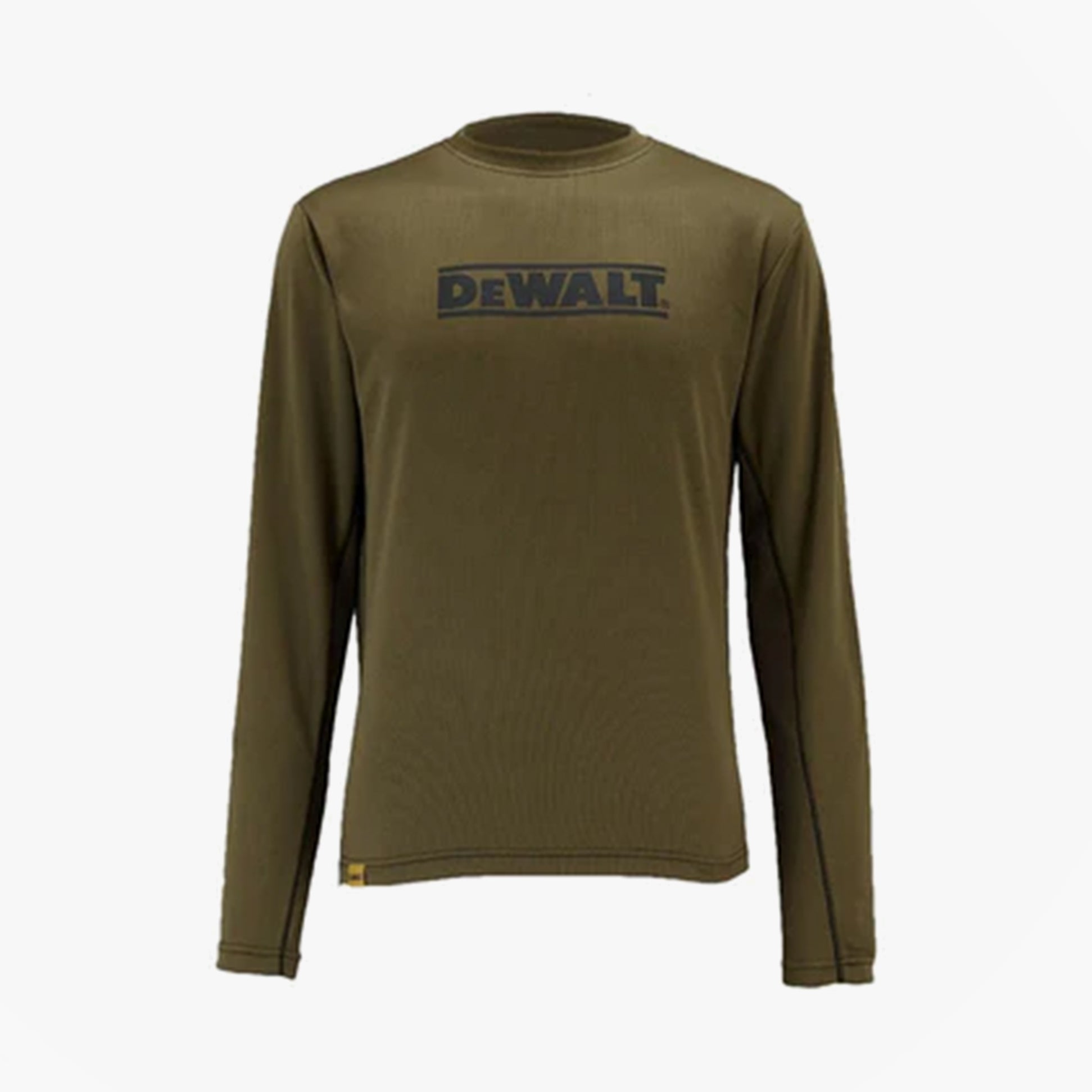 Dewalt TRURO Mens T Shirt Olive front view showcasing moisture-wicking technology and logo design.