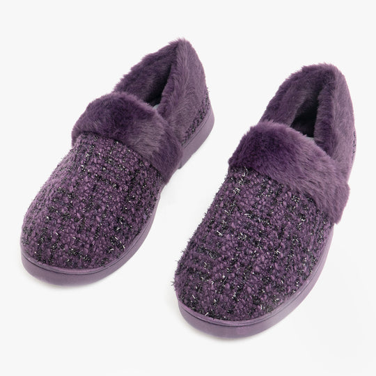 Dr Keller AVON Womens Slippers Purple, front view showing textile upper and faux fur lining, comfort and slip-on style.