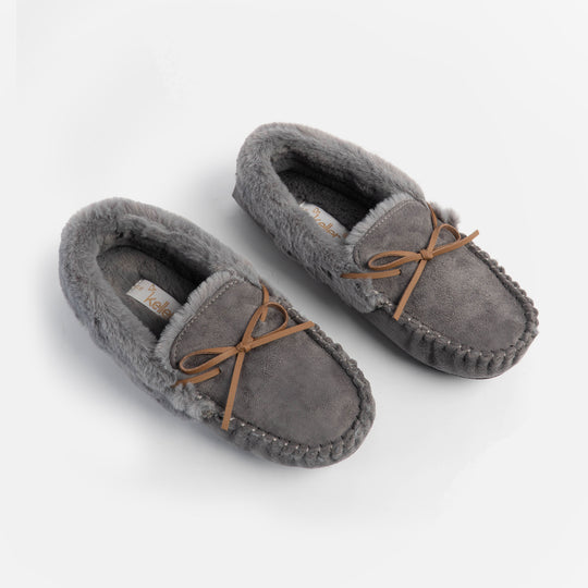 Dr Keller VANESSA Womens Slippers Grey top view with faux fur lining and bow detail, slip-on moccasin style