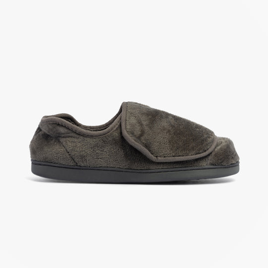 Dr Keller VELVIT Mens Slippers Grey side view showing soft faux fur upper and touch fasten closure.