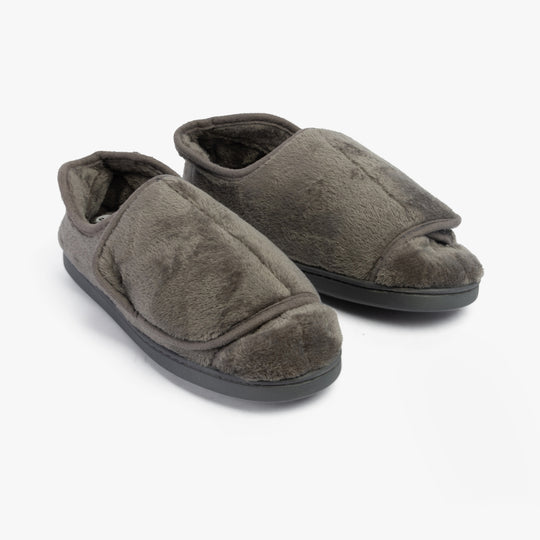 Dr Keller DR VELVIT Womens Slippers Grey side view showcasing soft faux fur material and touch fasten closure.