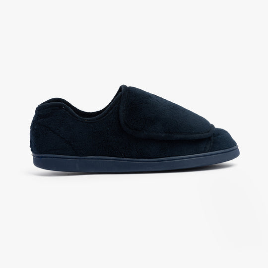 Dr Keller VELVIT Mens Slippers Navy side view showing touch fasten closure and faux fur lining.