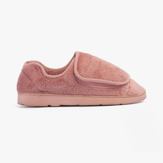 Dr Keller DR VELVIT Womens Slippers Pink side view showing soft faux fur material and touch fasten design.