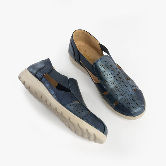 Dr Keller POLLY Womens Sandals Navy side view showing faux leather design and slip-on style.