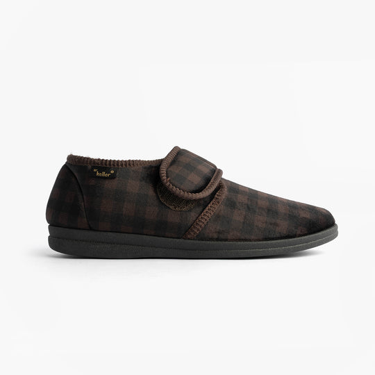 Dr Keller DARREN VELC Mens Slippers Brown side view, textile upper, slip-on design, lightweight, flat sole.