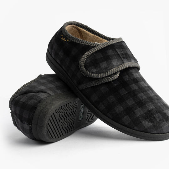 Dr Keller DARREN VELC Mens Touch Fasten Slippers Grey side view featuring a checkered design and Velcro closure.