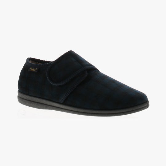 Dr Keller DARREN VELC Mens Slippers Navy side view showing textile upper and slip-on design.