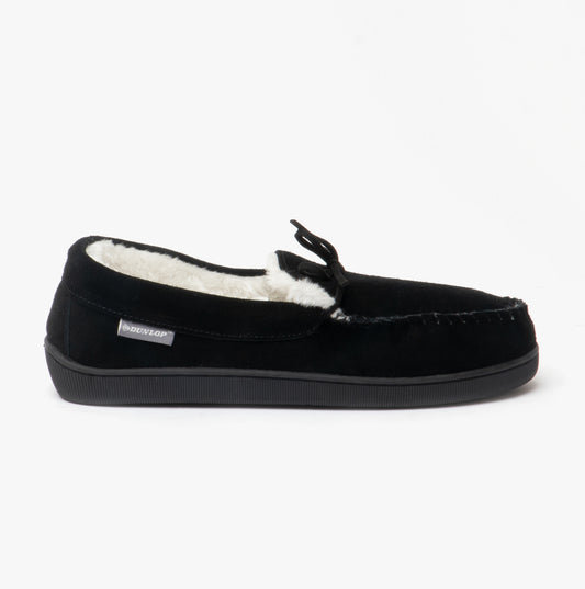 Dunlop JOSHUA Mens Leather Moccasin Slippers Black
