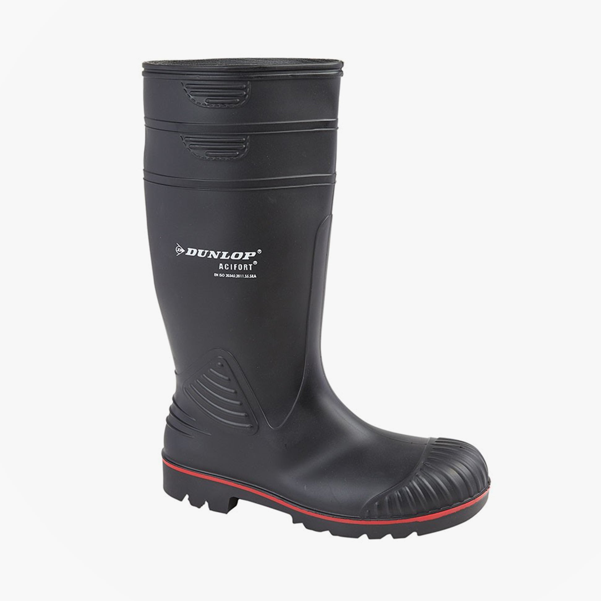 Dunlop W138A Mens Safety Boots Black side view showcasing rubber upper and round toe design.