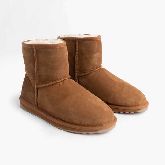 EMU Australia STINGER MINI Womens Sheepskin Boot Chestnut side view with mid-calf shearling design and rubber sole.