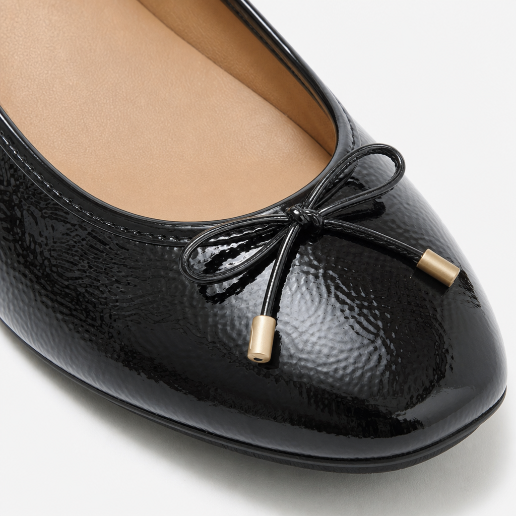 FitFlop DELICATO BOW TEXTURED PATENT-LEATHER Womens Ballerina Shoes Black