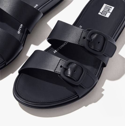 FitFlop GRACIE Womens Rubber-Buckle Leather Two-Bar Sliders Midnight Navy