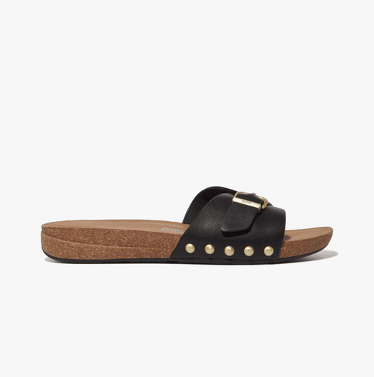 FitFlop iQUSHION ADJUSTABLE BUCKLE LEATHER Womens Slides Black