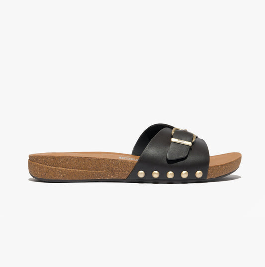 FitFlop iQUSHION ADJUSTABLE BUCKLE LEATHER Womens Slides Chocolate Brown