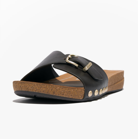 FitFlop iQUSHION ADJUSTABLE BUCKLE LEATHER Womens Slides Chocolate Brown