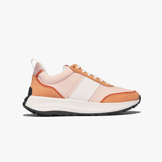FitFlop F-MODE FLOW Womens Trainers Peachy/Clay Pink Mix side view featuring casual leather and suede design.