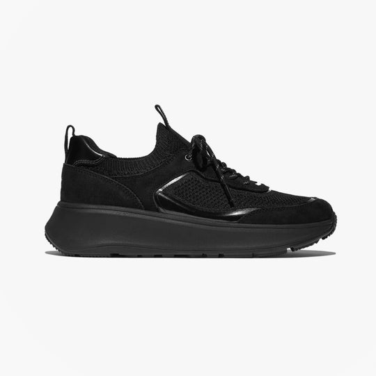 FitFlop F-MODE SUEDE/KNIT Womens Trainers All Black side view featuring suede and knit upper.