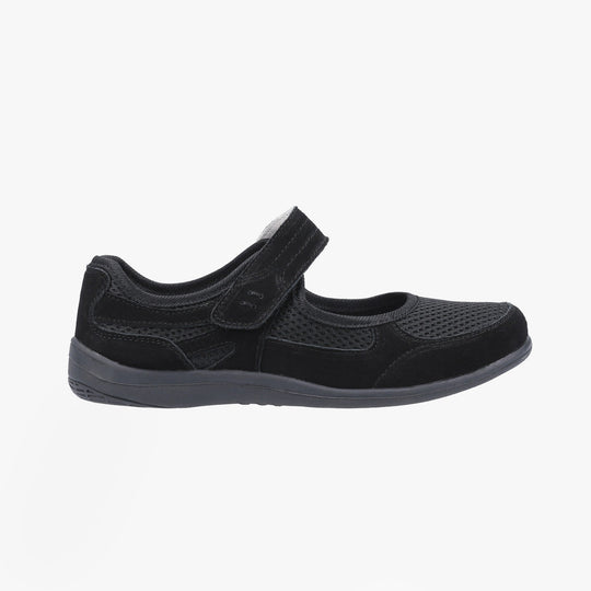 Fleet & Foster MORGAN Womens Shoes Black side view showing suede upper and touch fasten closure.