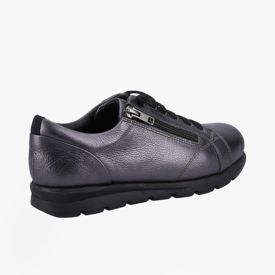 Fleet & Foster POLPERRO Lace Womens Shoes Pewter side view showcasing leather upper and low heel.