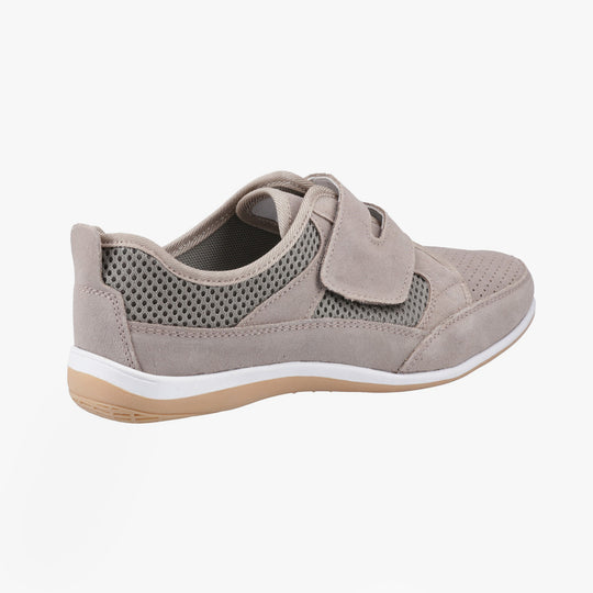 Fleet & Foster PAMELA Womens Shoes Taupe side view showing suede upper and touch fasten closure.