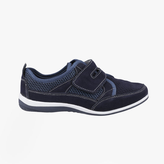 Fleet & Foster PAMELA Womens Shoes Navy side view showcasing suede upper and touch fasten closure.