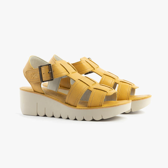 Fly London YUDD236FLY Womens Sandals Bumblebee side view with yellow leather straps and wedge sole.