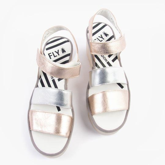 Fly London BEXY575FLY Womens Sandals Sahara/Silver top view showcasing stylish leather design.