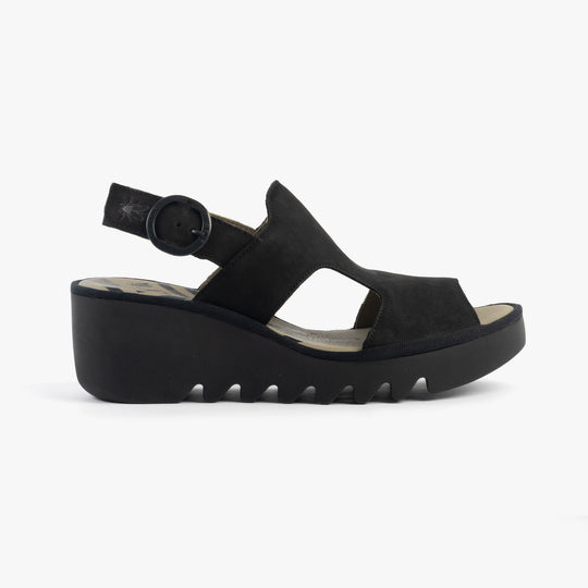Fly London BAIF585FLY Womens Sandals Black side view showing leather upper and wedge heel design.