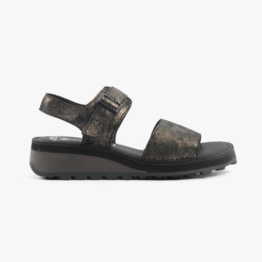 Fly London HALY559FLY Womens Sandals Graphite side view showing leather upper and wedge heel design.