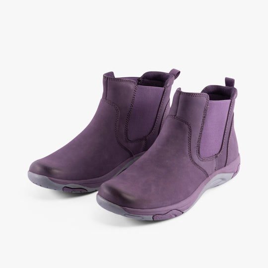 Free Spirit PRETA Womens Boots Plum side view showcasing suede upper and elasticated side panels.