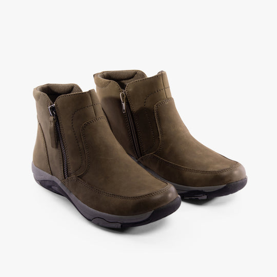 Free Spirit VEDA Womens Boots Olive side view showing zip closure and comfortable design.