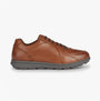 GEOX U SPHERICA EC12 Mens Trainers Cognac side view of brown leather casual shoes with rubber sole.
