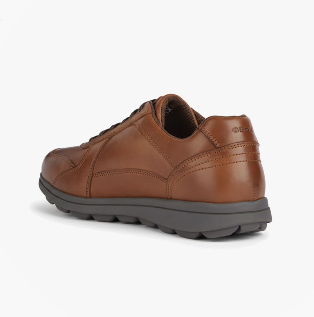 GEOX U SPHERICA EC12 Mens Trainers Cognac back view showcasing leather upper and rubber sole.