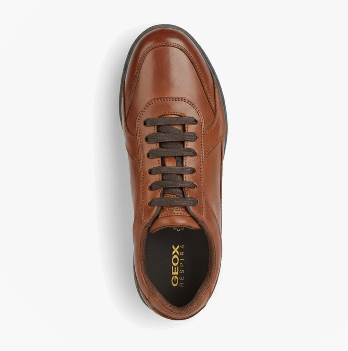 GEOX U SPHERICA EC12 Mens Trainers Cognac top view of brown leather casual shoes with lace-up closure.